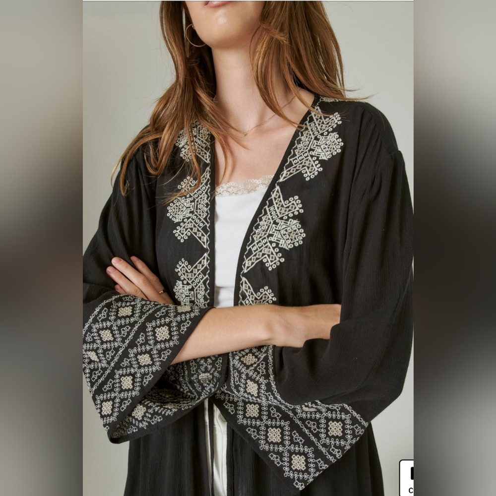 Lucky Brand Waist-Tie Embroidered Kimono Top, One Size